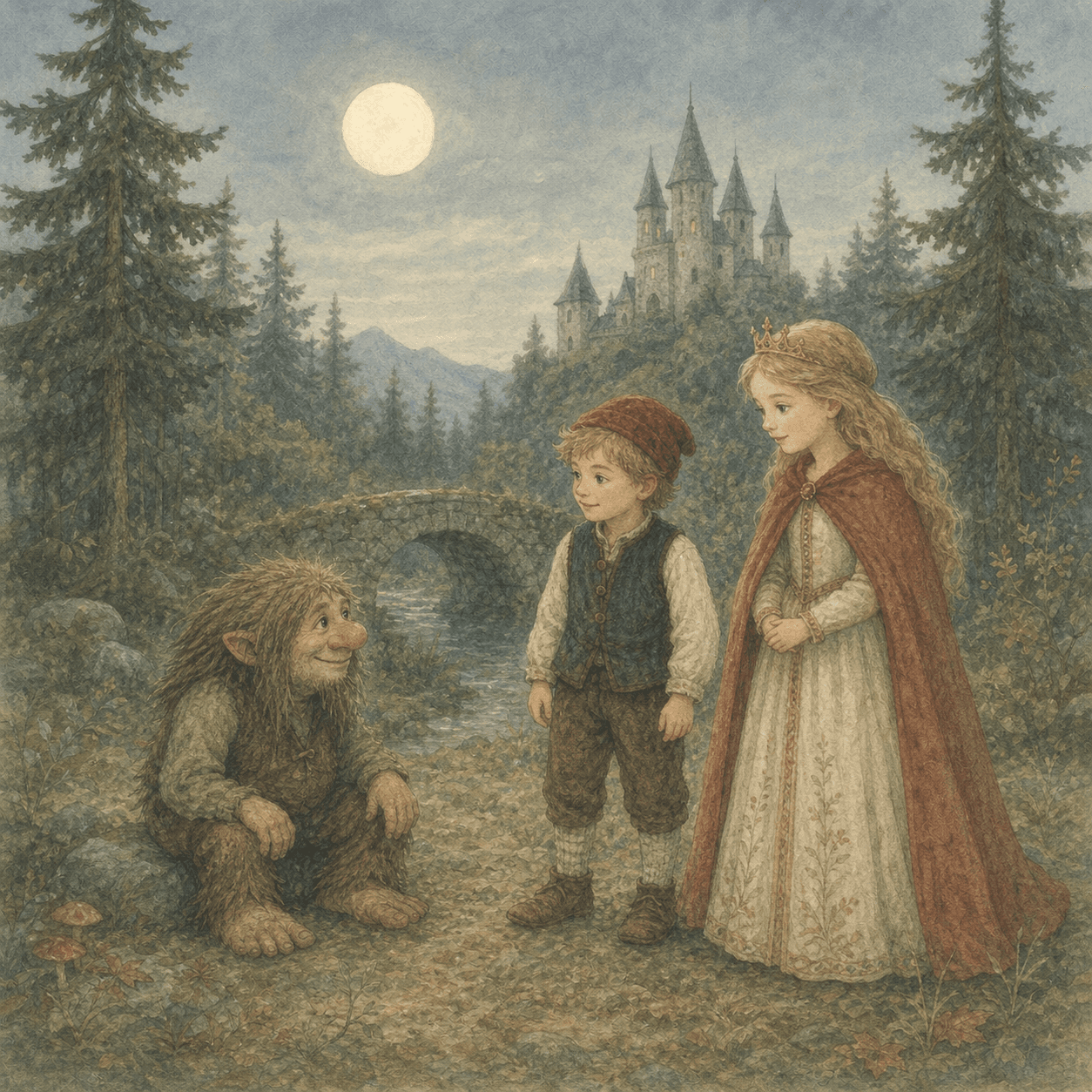 Et lite troll, et barn og en prinsesse ved en steinbro i en norsk eventyrskog